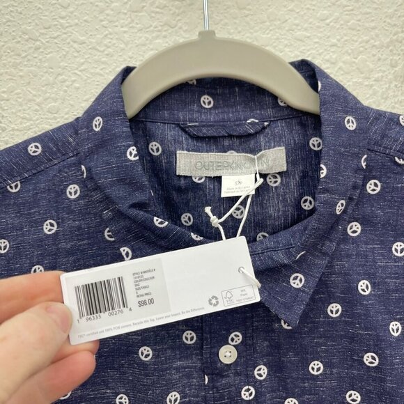 Outerknown Peace Sign Print Organic Short Sleeve Button Up Shirt Mens Small NEW - Picture 2 of 6